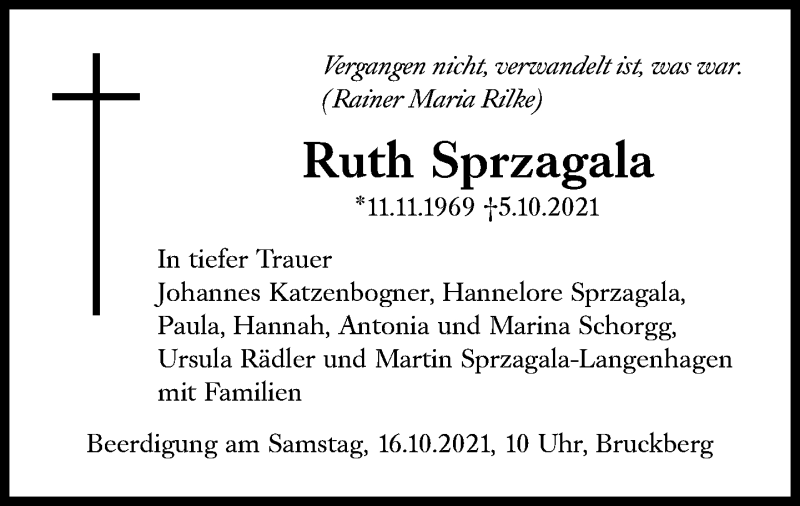 Traueranzeige für Ruth Sprzagala vom 15.10.2021 aus Süddeutsche Zeitung