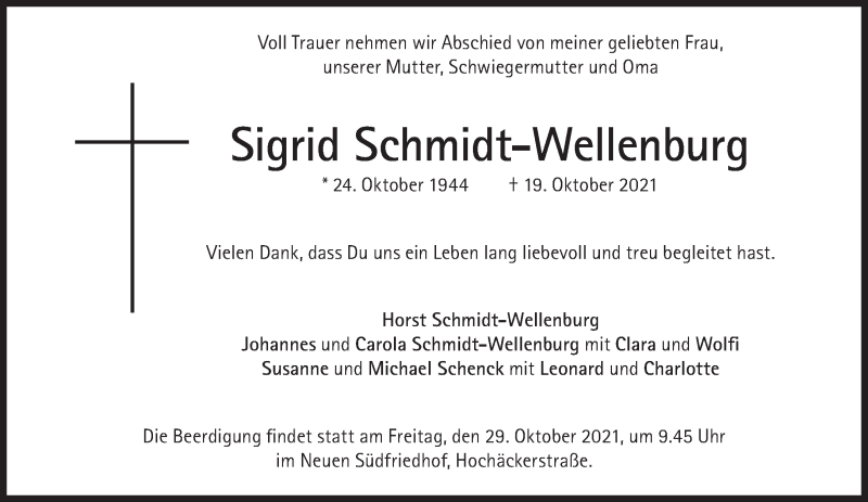  Traueranzeige für Sigrid Schmidt-Wellenburg vom 23.10.2021 aus SZ Trauer