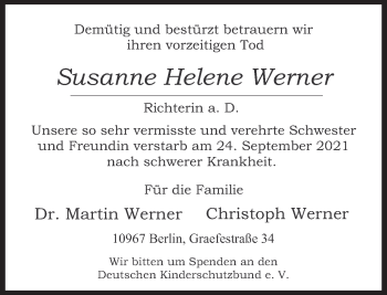 Traueranzeige von Susanne Helene Werner von Süddeutsche Zeitung