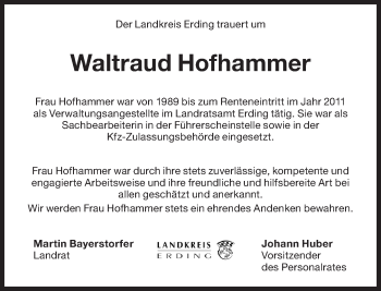 Traueranzeige von Waltraud Hofhammer von Süddeutsche Zeitung