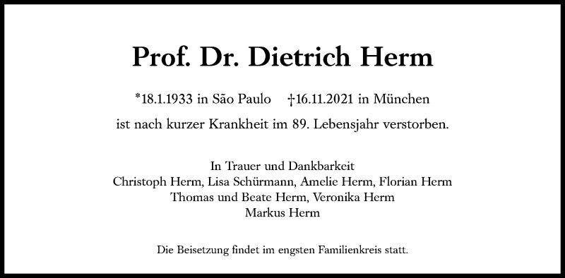  Traueranzeige für Dietrich Herm vom 18.11.2021 aus Süddeutsche Zeitung