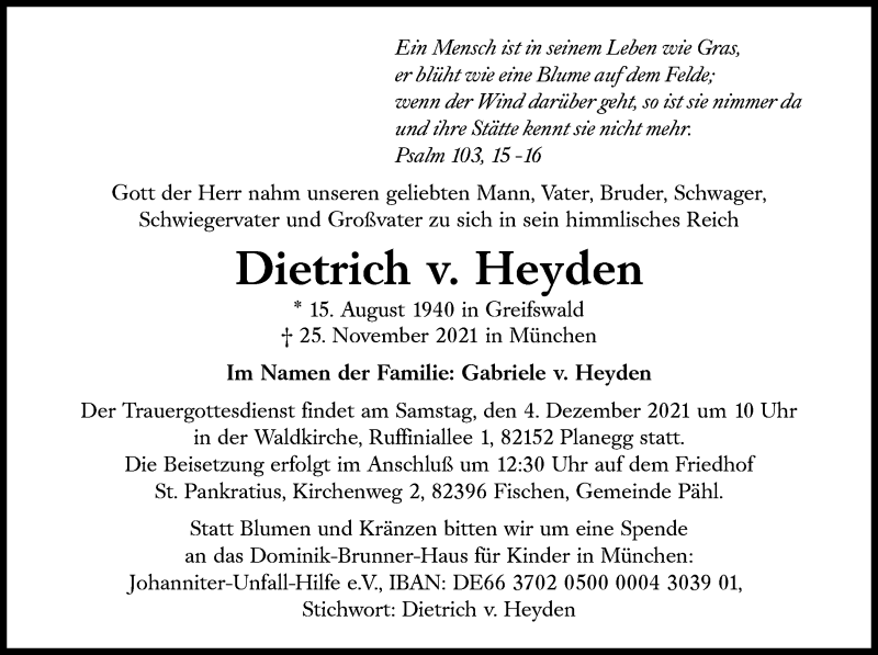 Traueranzeige für Dietrich  v. Heyden vom 30.11.2021 aus Süddeutsche Zeitung