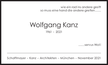 Traueranzeige von Wolfgang Kanz von SÜDDEUTSCHE ZEITUNG