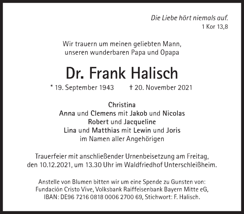  Traueranzeige für Frank Halisch vom 27.11.2021 aus Süddeutsche Zeitung