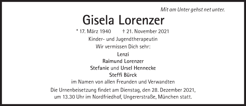  Traueranzeige für Gisela Lorenzer vom 27.11.2021 aus Süddeutsche Zeitung