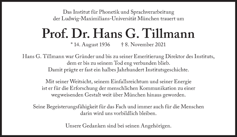  Traueranzeige für Hans Günter Tillmann vom 20.11.2021 aus Süddeutsche Zeitung