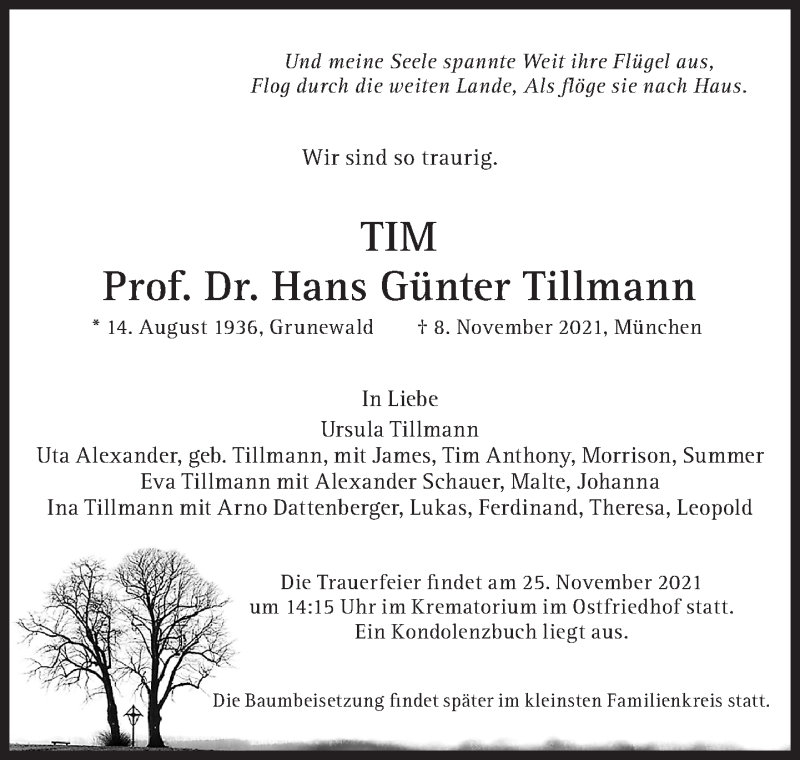  Traueranzeige für Hans Günter Tillmann vom 20.11.2021 aus Süddeutsche Zeitung