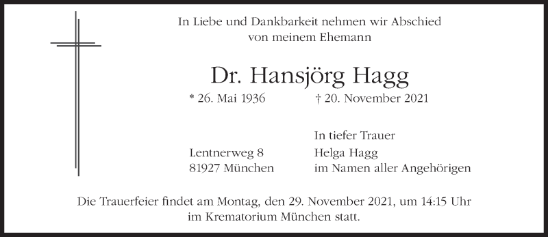  Traueranzeige für Hansjörg Hagg vom 29.11.2021 aus Süddeutsche Zeitung