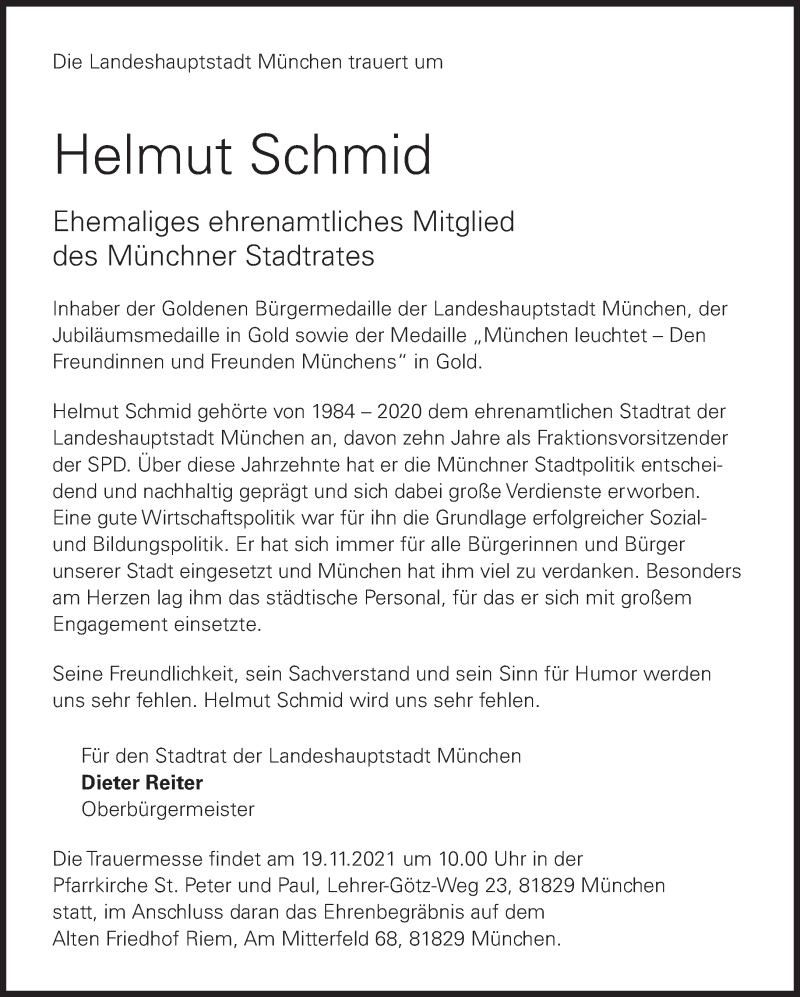  Traueranzeige für Helmut Schmid vom 13.11.2021 aus Süddeutsche Zeitung