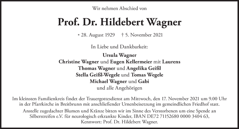  Traueranzeige für Hildebert Wagner vom 13.11.2021 aus Süddeutsche Zeitung