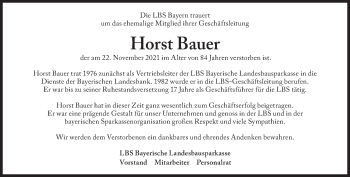 Traueranzeige von Horst Bauer von Süddeutsche Zeitung