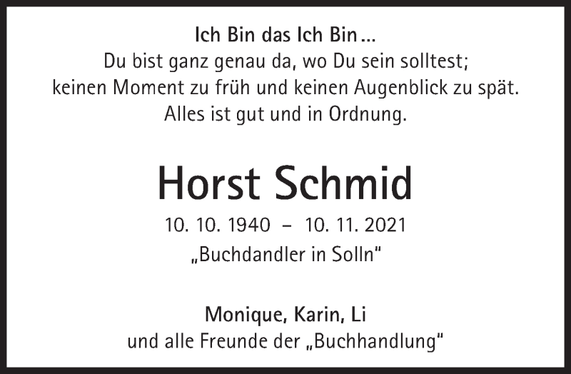  Traueranzeige für Horst Schmid vom 20.11.2021 aus Süddeutsche Zeitung