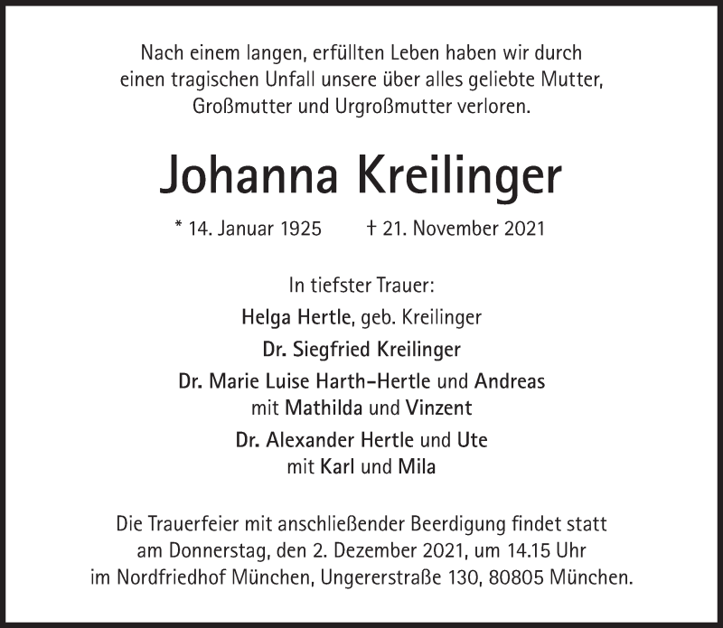  Traueranzeige für Johanna Kreilinger vom 27.11.2021 aus Süddeutsche Zeitung