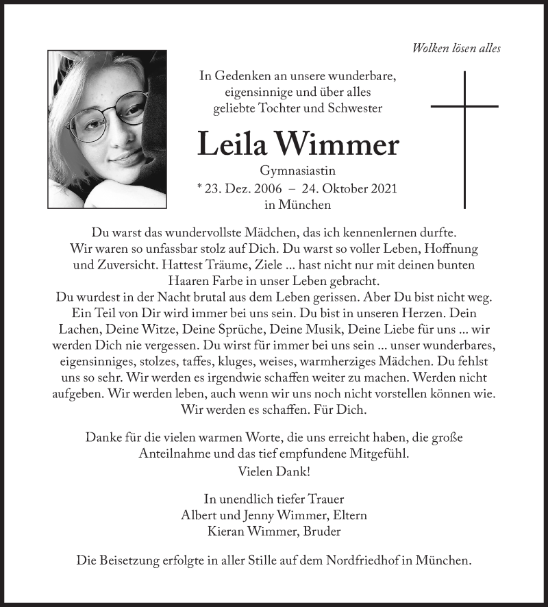 Traueranzeige für Leila Wimmer vom 20.11.2021 aus Süddeutsche Zeitung