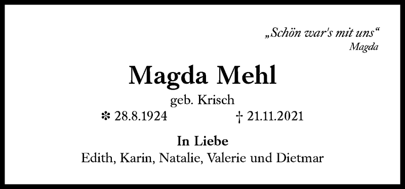  Traueranzeige für Magda Mehl vom 27.11.2021 aus Süddeutsche Zeitung