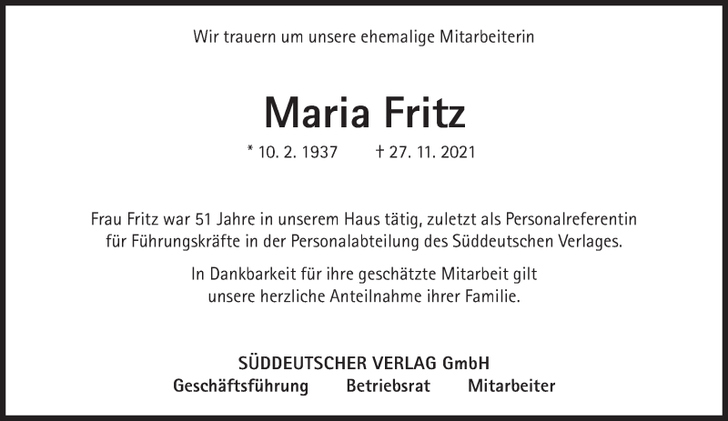  Traueranzeige für Maria Fritz vom 01.12.2021 aus Süddeutsche Zeitung