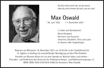 Traueranzeige von Max Oswald von Süddeutsche Zeitung