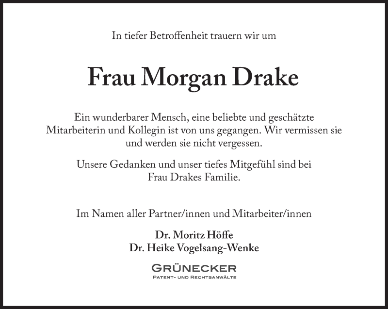  Traueranzeige für Morgan Drake vom 20.11.2021 aus Süddeutsche Zeitung