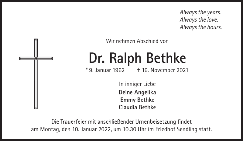  Traueranzeige für Ralph Bethke vom 27.11.2021 aus Süddeutsche Zeitung