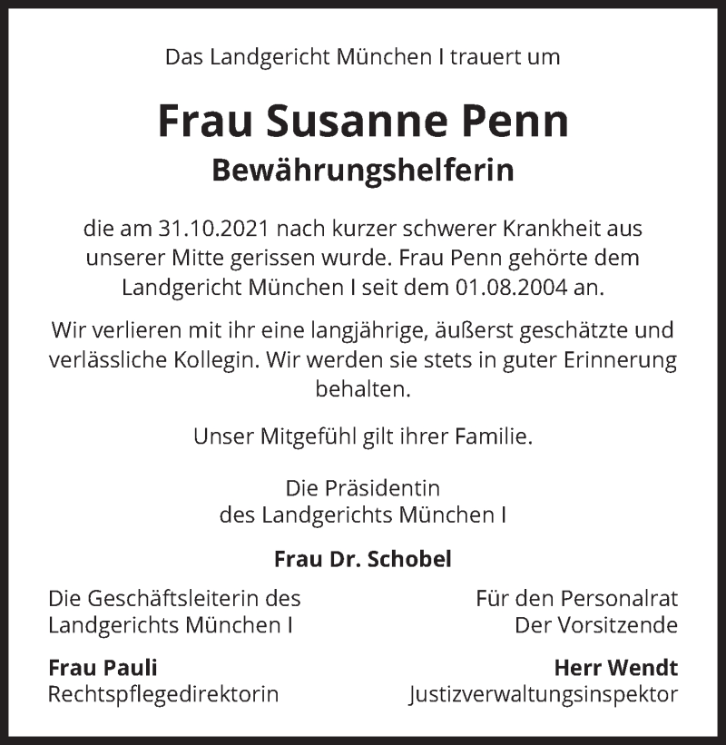  Traueranzeige für Susanne Penn vom 06.11.2021 aus Süddeutsche Zeitung