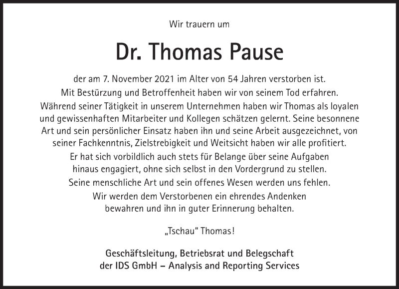 Traueranzeige für Thomas Pause vom 20.11.2021 aus Süddeutsche Zeitung