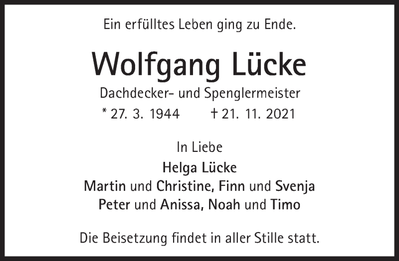  Traueranzeige für Wolfgang Lücke vom 27.11.2021 aus Süddeutsche Zeitung