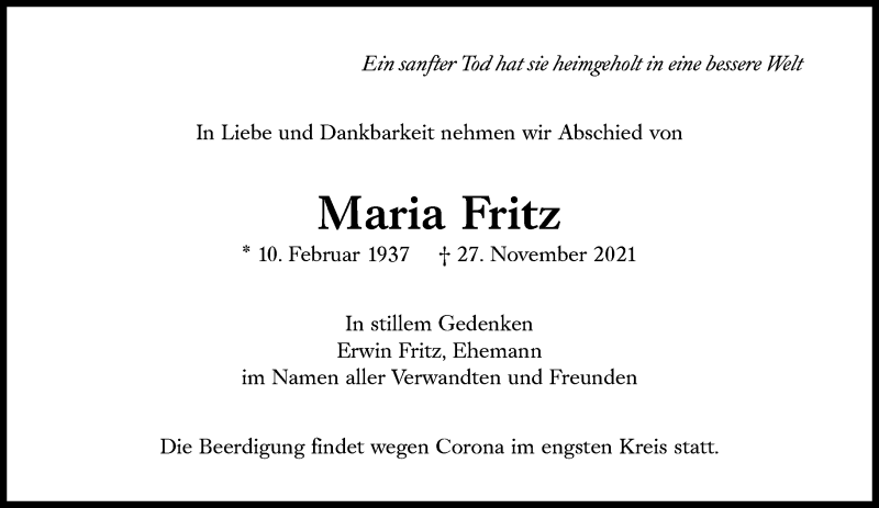  Traueranzeige für Maria Fritz vom 01.12.2021 aus Süddeutsche Zeitung