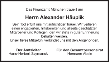 Traueranzeige von Alexander Häuplik von Süddeutsche Zeitung