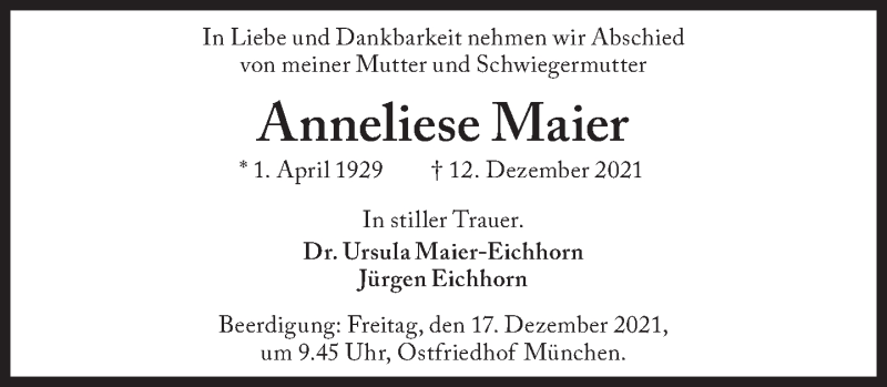 Traueranzeigen von Anneliese Maier | SZ-Gedenken.de