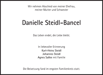 Traueranzeige von Danielle Steidl-Bancel von Süddeutsche Zeitung