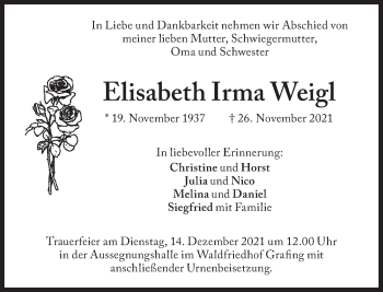 Traueranzeige von Elisabeth Irma Weigl von Süddeutsche Zeitung