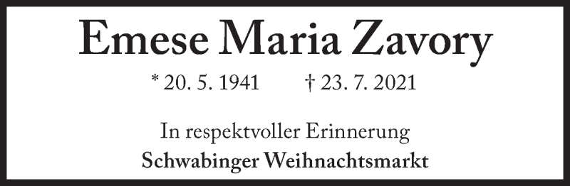  Traueranzeige für Emese Maria Zavory vom 31.12.2021 aus Süddeutsche Zeitung