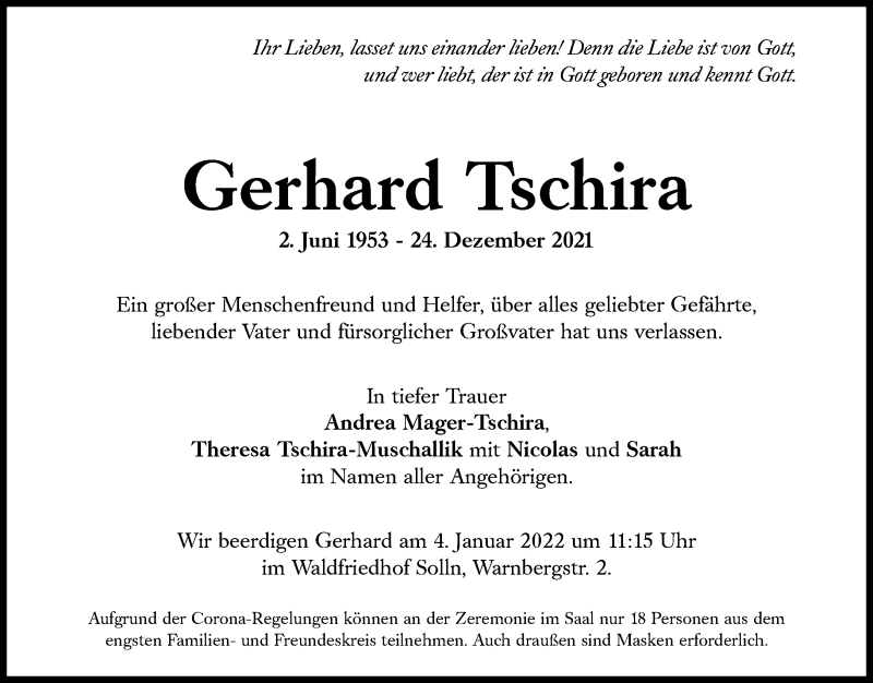  Traueranzeige für Gerhard Tschira vom 31.12.2021 aus Süddeutsche Zeitung