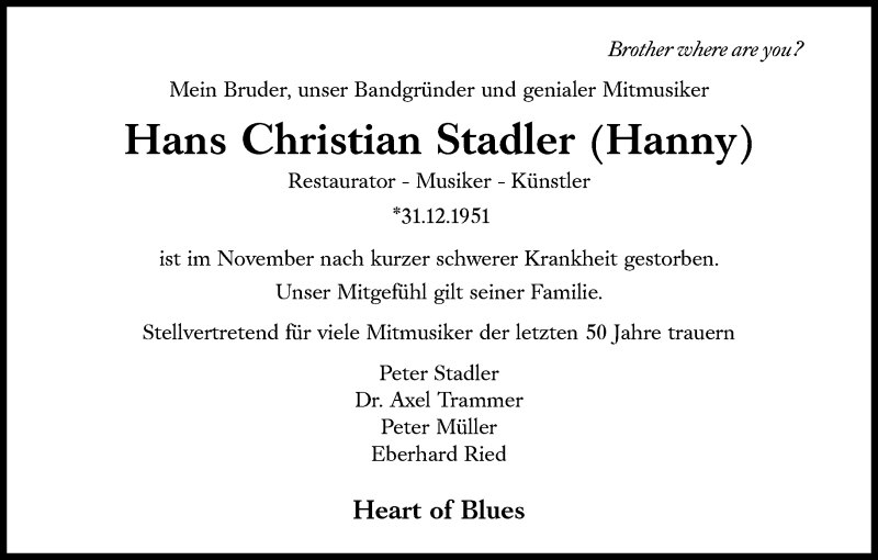  Traueranzeige für Hans Christian Stadler vom 04.12.2021 aus Süddeutsche Zeitung