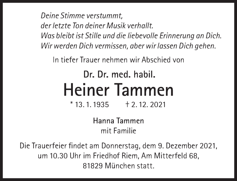  Traueranzeige für Heiner Tammen vom 04.12.2021 aus Süddeutsche Zeitung