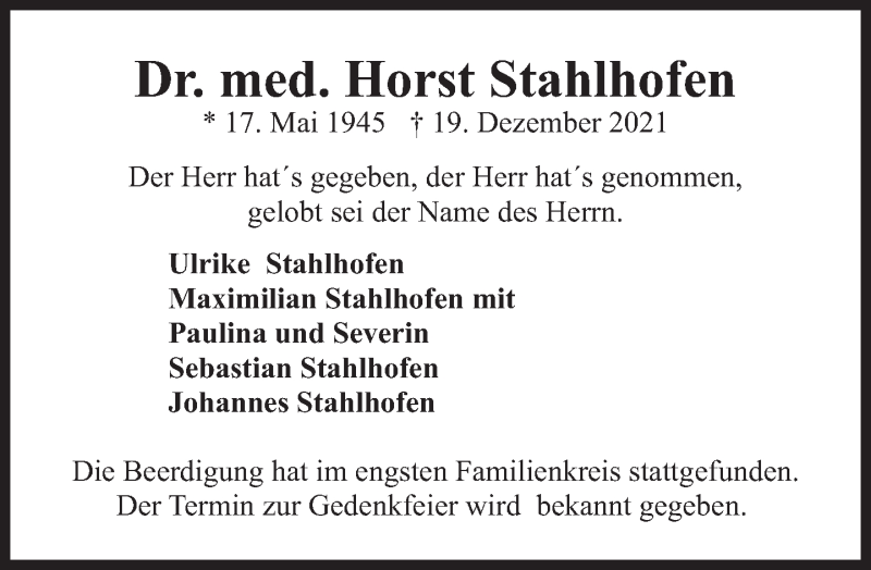  Traueranzeige für Horst Stahlhofen vom 29.12.2021 aus Süddeutsche Zeitung