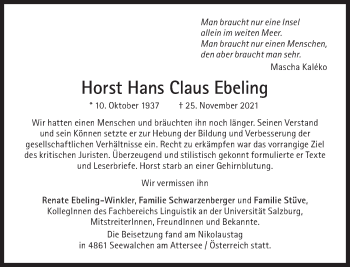 Traueranzeige von Horst Hans Claus Ebeling von Süddeutsche Zeitung