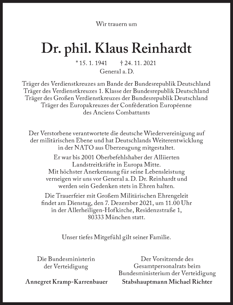  Traueranzeige für Klaus Reinhardt vom 03.12.2021 aus Süddeutsche Zeitung