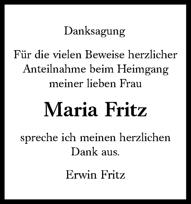  Traueranzeige für Maria Fritz vom 18.12.2021 aus Süddeutsche Zeitung