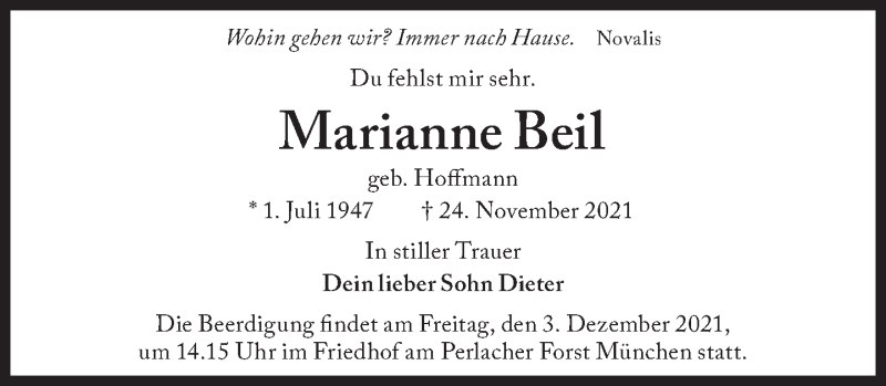  Traueranzeige für Marianne Beil vom 02.12.2021 aus Süddeutsche Zeitung