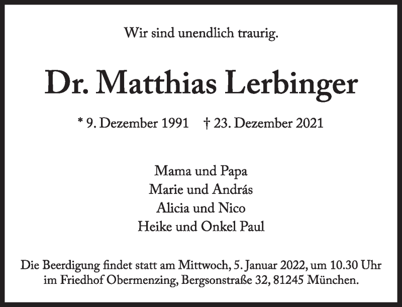  Traueranzeige für Matthias Lerbinger vom 31.12.2021 aus Süddeutsche Zeitung