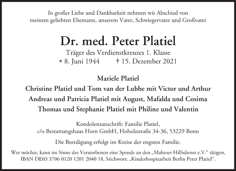  Traueranzeige für Peter Platiel vom 31.12.2021 aus Süddeutsche Zeitung