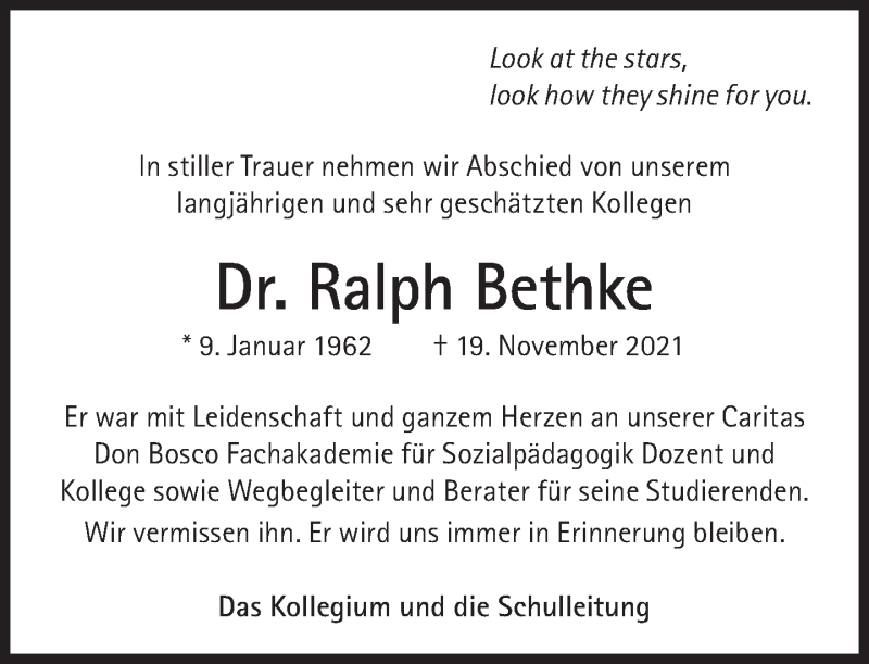  Traueranzeige für Ralph Bethke vom 04.12.2021 aus Süddeutsche Zeitung
