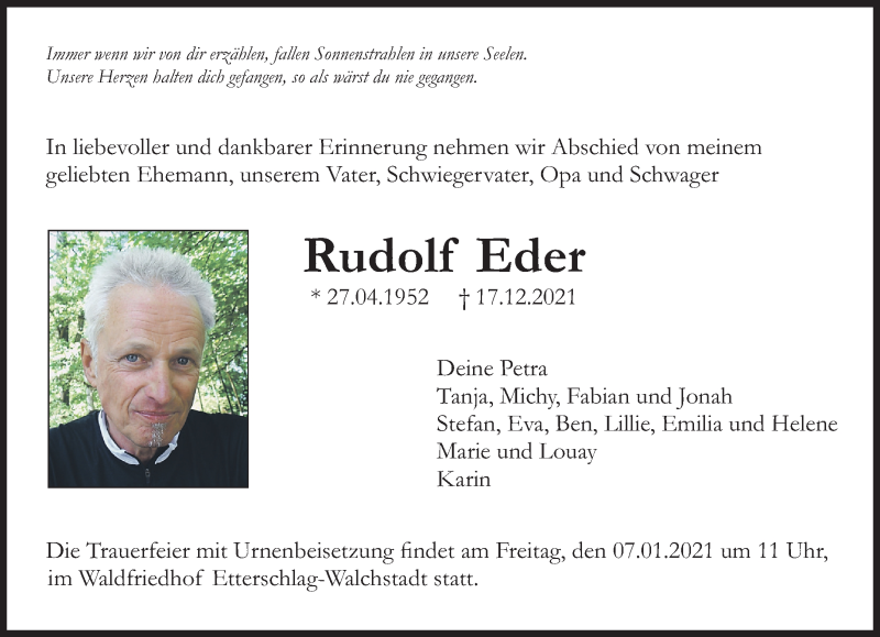  Traueranzeige für Rudolf Eder vom 31.12.2021 aus Süddeutsche Zeitung