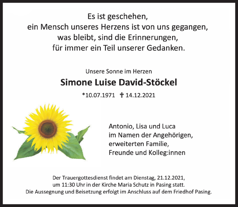  Traueranzeige für Simone Luise David-Stöckel vom 21.12.2021 aus Süddeutsche Zeitung