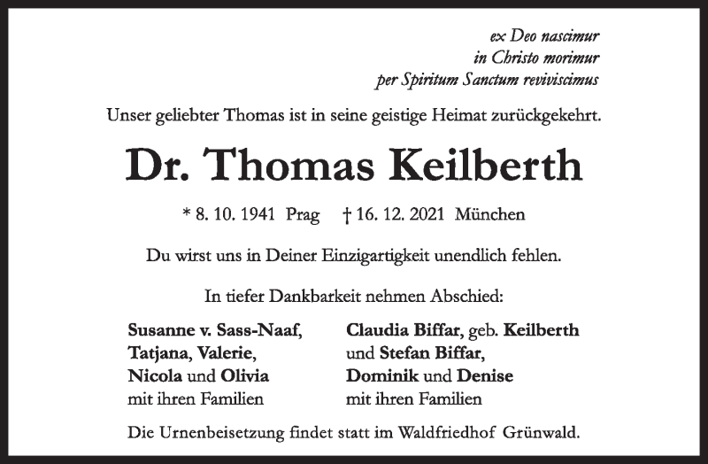  Traueranzeige für Thomas Keilberth vom 24.12.2021 aus Süddeutsche Zeitung