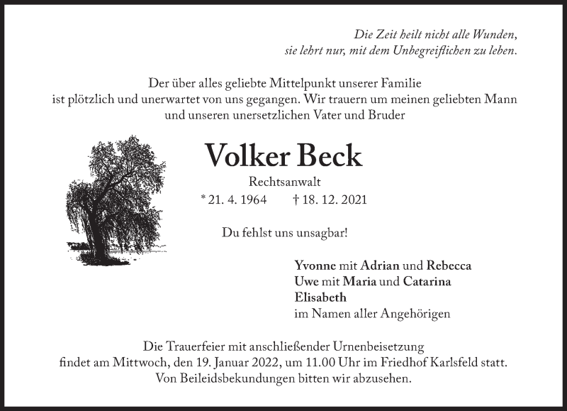  Traueranzeige für Volker Beck vom 31.12.2021 aus Süddeutsche Zeitung