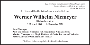 Traueranzeige von Werner Wilhelm Niemeyer von Süddeutsche Zeitung