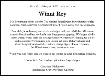 Traueranzeige von Winni Rey von Süddeutsche Zeitung