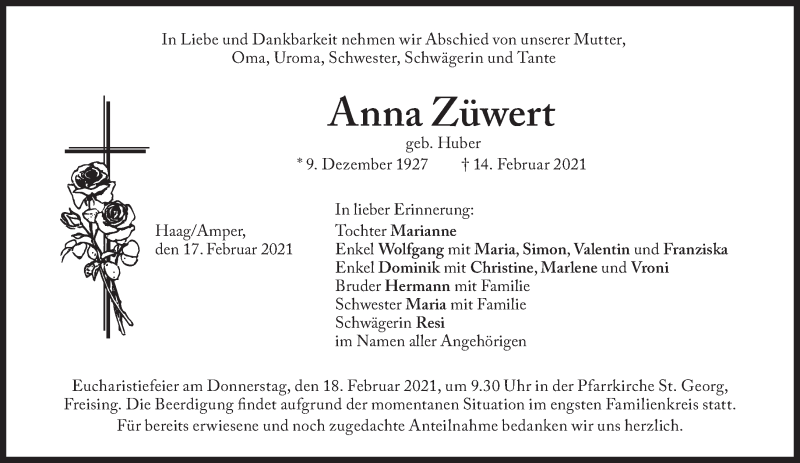  Traueranzeige für Anna Züwert vom 17.02.2021 aus Süddeutsche Zeitung